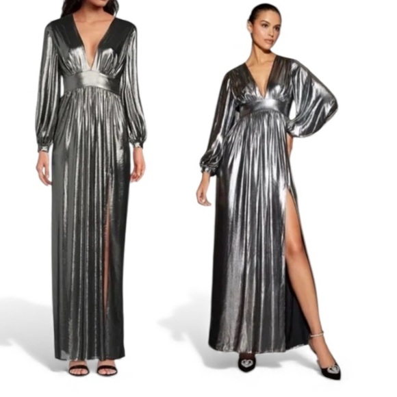 Gianni Bini Dresses & Skirts - NEW Gianni Bini Zella Metallic Lame Plunging V-Back Front Slit Gown Maxi Dress